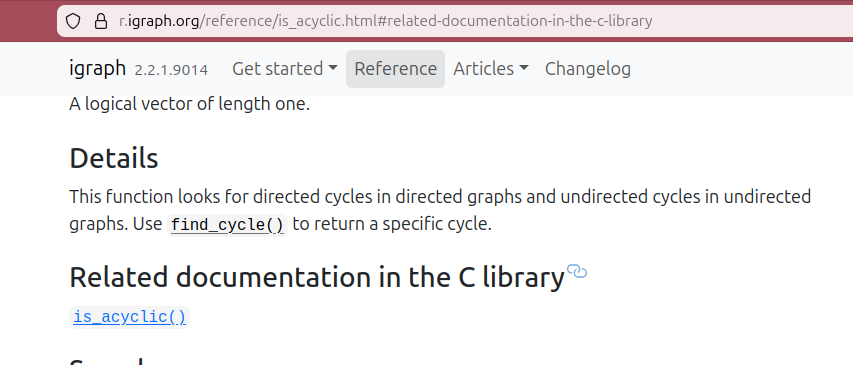 Screenshot from the pkgdown page of the is_acyclic function, with a section about related docs in the C library